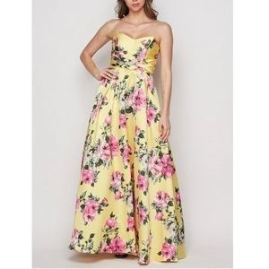 TEEZE ME YELLOW AND PINK FLORAL STRAPLESS DRESS.